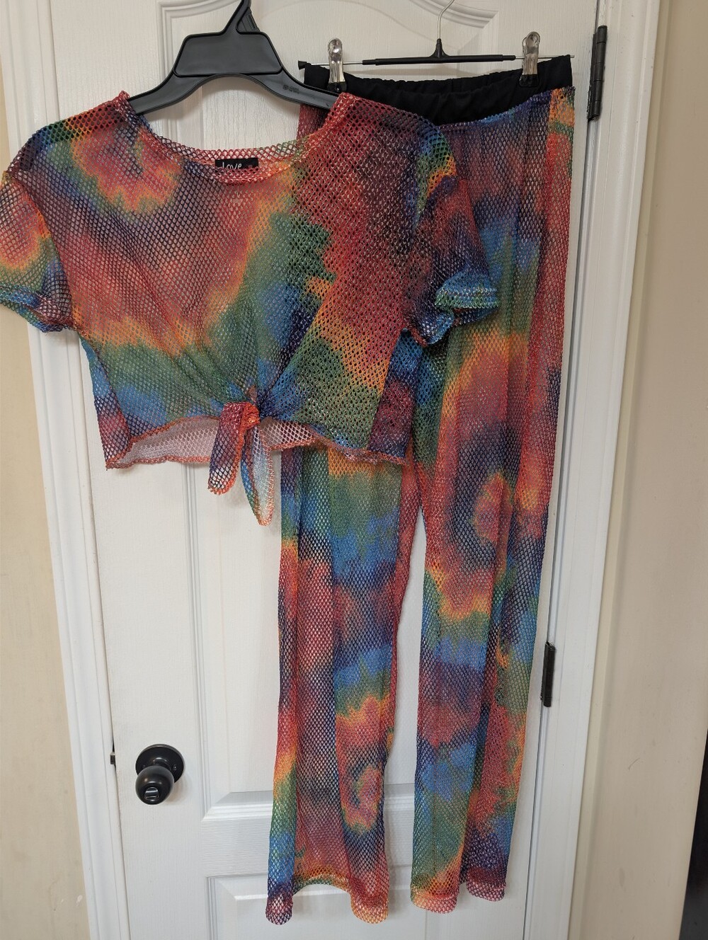 Love Multicolor Tie-Front Mesh Top and Pants Set